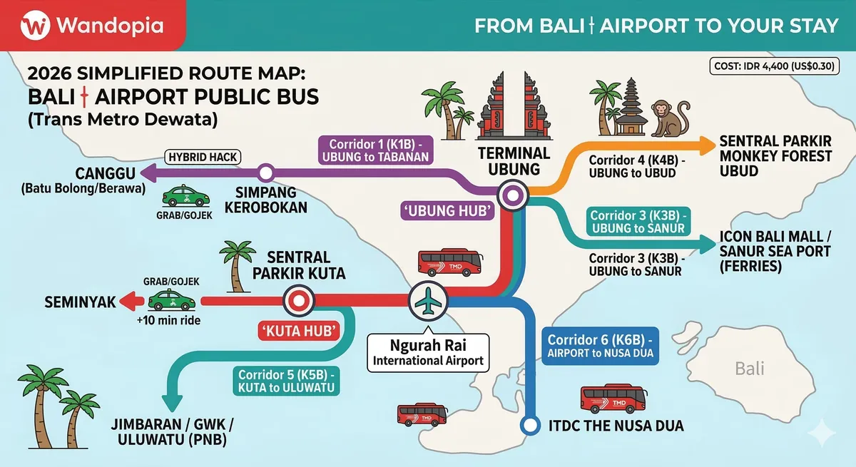 Simplified 2026 Trans Metro Dewata public bus route map showing transfers from Bali Airport to Ubud, Canggu, and Sanur.