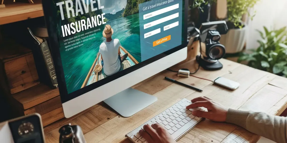 Solo traveler researching travel insurance on laptop
